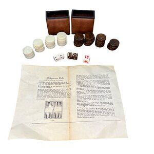 Vintage 70’s Backgammon Set Brown & White Playing Pieces Dice & Rules Sheet Cups